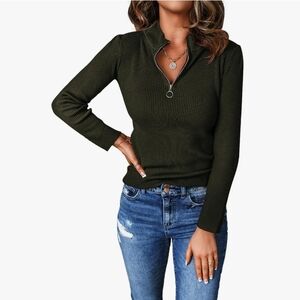 Olive Green Ribbed Zip-Up Sweater New